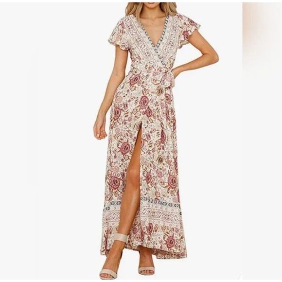 Pink Floral Maxi Wrap Dress Tie Short Sleeve V Neck Plus Size 2XL XXL 2X - Picture 1 of 7